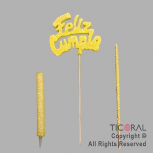 ADORNO DE TORTA SET FELIZ CUMPLE CON BENGALA Y VELA GIBRE AMARILLO x 1